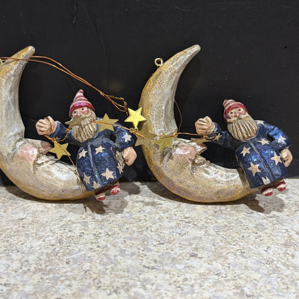 Pam Schifferl Blue Folk Wizard Santa Sandman Crescent Moon Christmas Ornaments